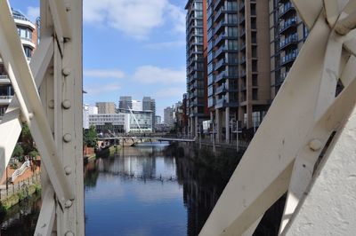 Bridge over river amidst buildings in city