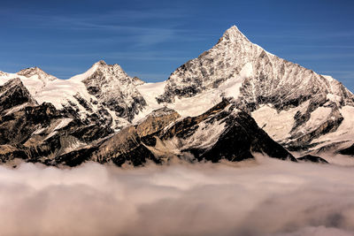 Aerial view of snowcapped mountain against sky