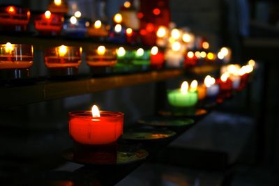 Close-up of lit tea light candles on table