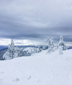 Scenic view of snow covered land against sky