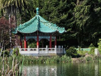 View of building with lake in background