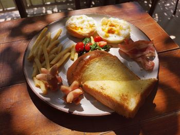 High angle view of breakfast served on table