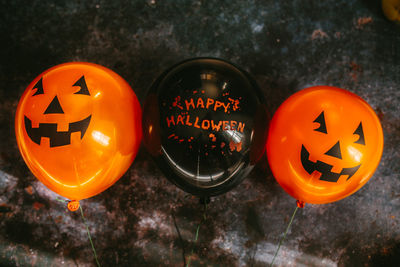 High angle view of illuminated halloween pumpkin