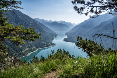 Scenic view of lake and mountains against sky