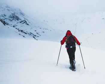 Rear view of person skiing on snowcapped mountain