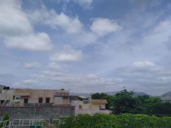 Houses and trees against sky