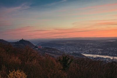 High angle view of cityscape against sky during sunset