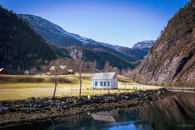 Scenic view of lake by mountains against clear sky