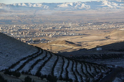 Aerial view of landscape against mountain