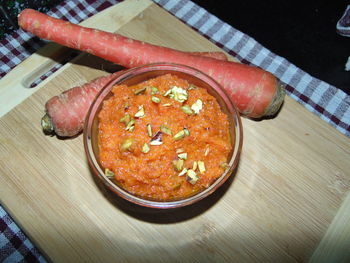 High angle view of food in bowl on table