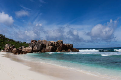 Scenic view of rocks on beach against sky