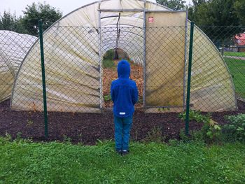 Rear view of boy wearing hooded shirt standing on grassy field by greenhouse