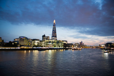 City at waterfront against cloudy sky