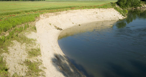 High angle view of water flowing through land