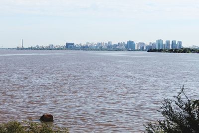 Scenic view of river and buildings against sky