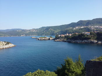 Scenic view of sea against clear blue sky