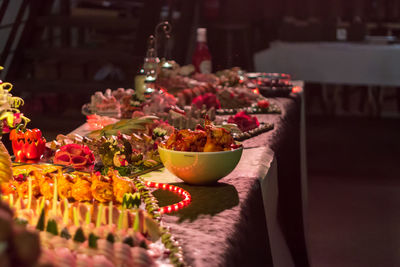 Close-up of food served on table