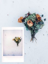 High angle view of rose bouquet on table