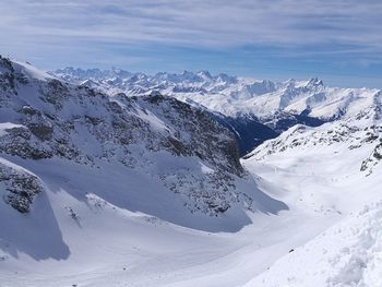Scenic view of snow covered mountains against sky