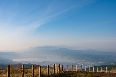 Scenic view of mountains against blue sky