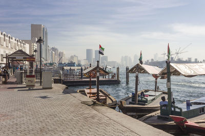 View of boats in city