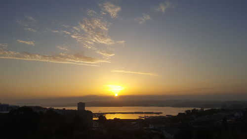 Silhouette city against sky during sunset