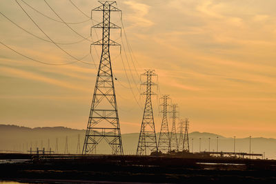 Silhouette electricity pylon against sky during sunset