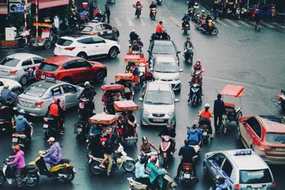 High angle view of people on city street