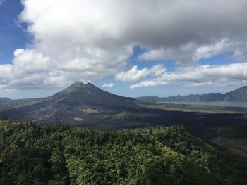 Aerial view of mountains against cloudy sky