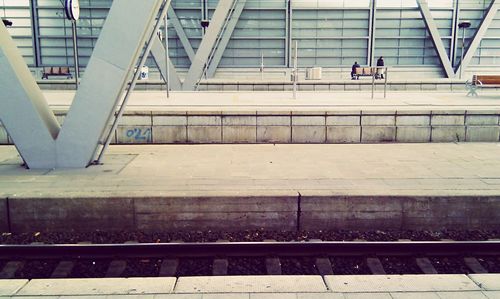 High angle view of people on staircase