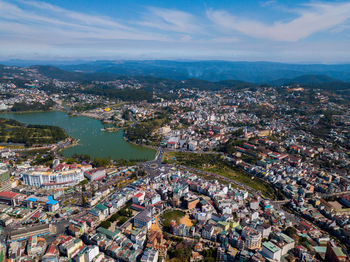 High angle shot of townscape against sky