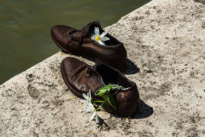 High angle view of shoes on rock