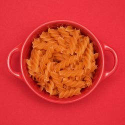 High angle view of pasta in bowl on table