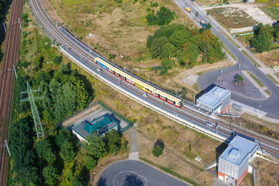 High angle view of cars on street in city