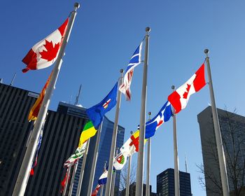 Low angle view of flags against clear blue sky