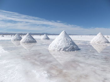 Close-up of salt lake against sky