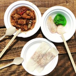 High angle view of food served on table