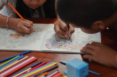 Brother and sister paint the art book together