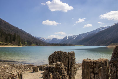 Scenic view of lake by mountains against sky