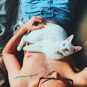 High angle view of woman holding cat sitting on bed