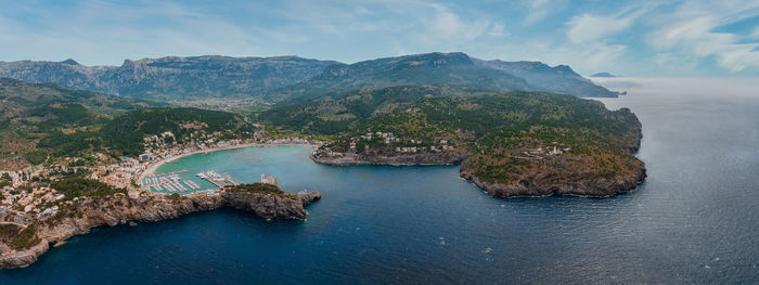 Aerial view of the luxury cliff house hotel on top of the cliff on the island of mallorca.