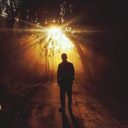 Rear view of silhouette man walking on street during sunset