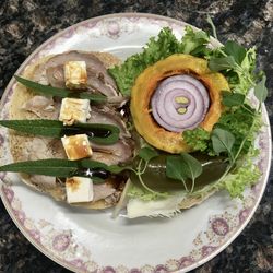 High angle view of fruit in plate on table
