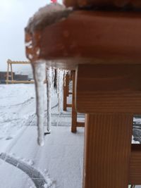 Close-up of icicles on snow covered roof