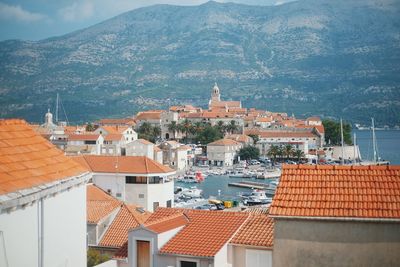 View of townscape against mountain