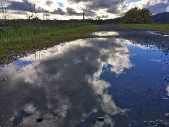 Reflection of clouds in puddle