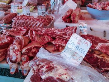 High angle view of meat for sale in market