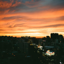 High angle view of city at sunset