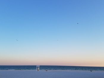 Seagulls flying over sea against clear sky