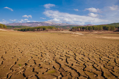 Surface level of barren land against sky